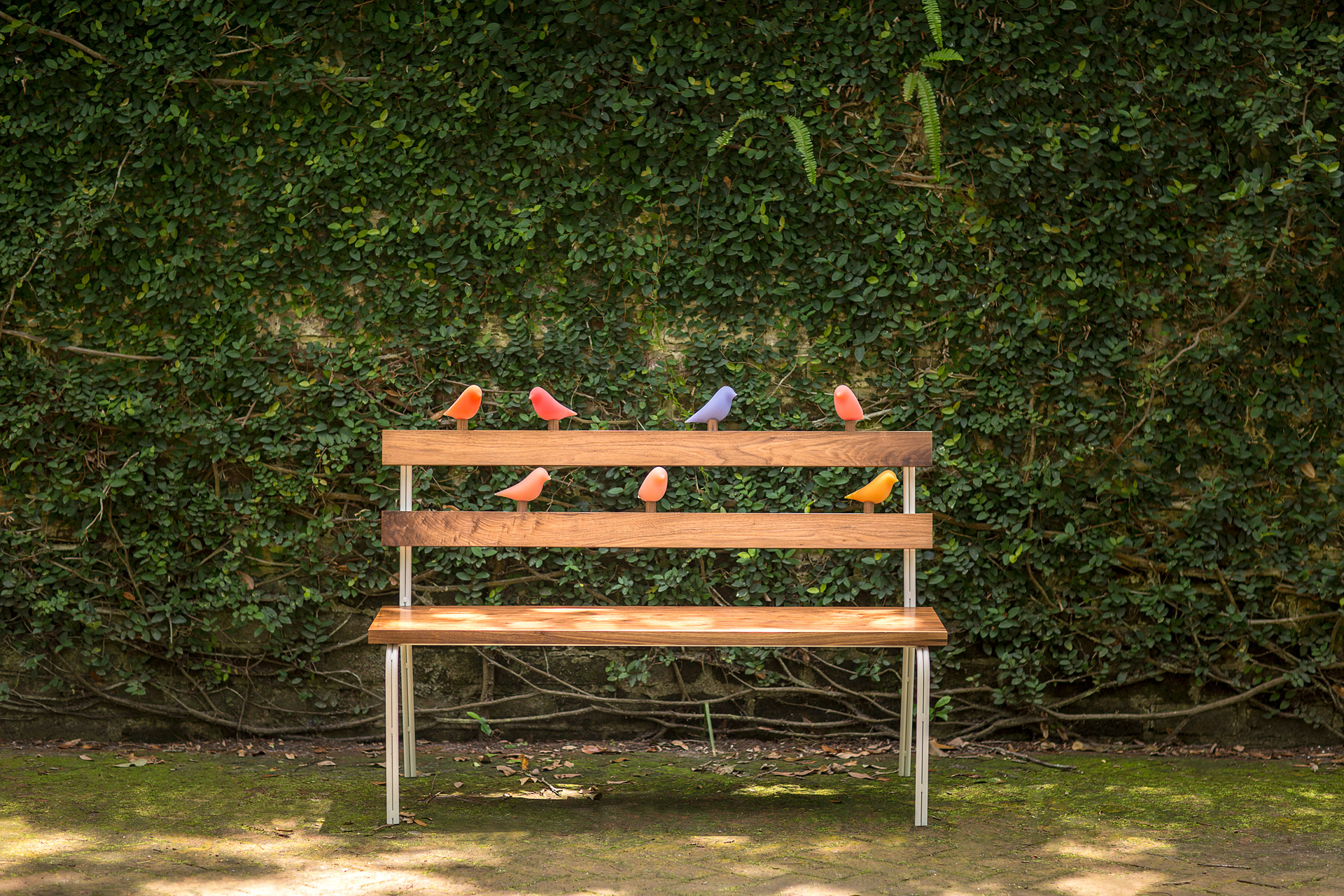 "Bird Bench" by SCAD furniture design MFA student Kai-ning Huang A wooden bench with bird shaped interactive components