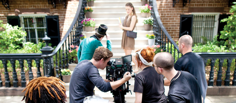 SCAD students working on film set SCAD students shooting scene from film