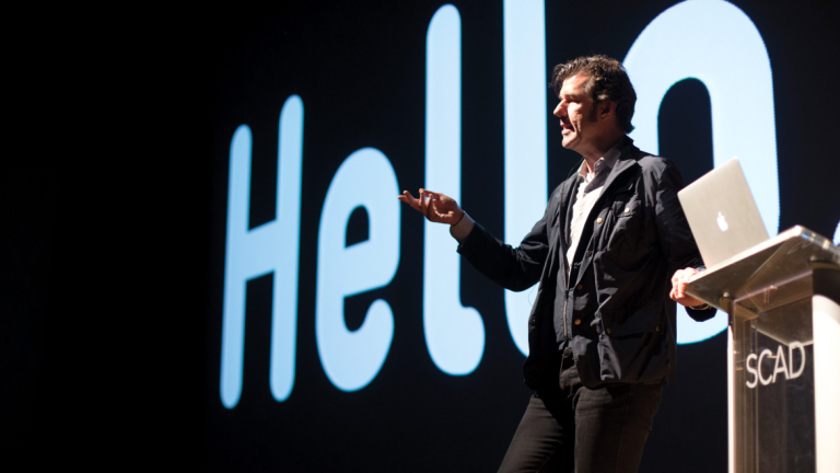 Graphic designer Stefan Sagmeister speaking to SCADstyle audience SCADstyle guest Stefan Sagmeister delivering lecture on graphic design