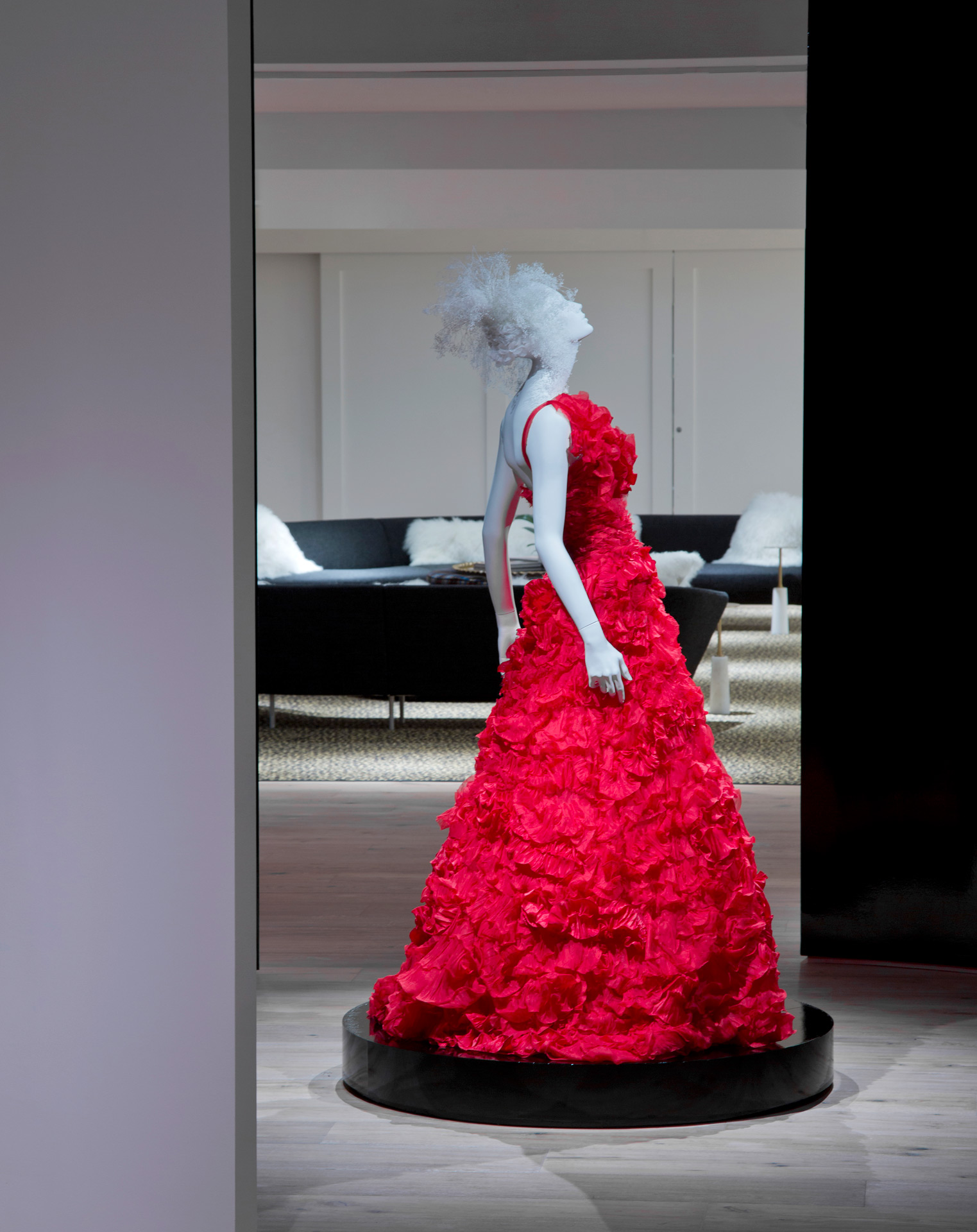 Bright red dress on mannequin at SCAD FASH Museum in Atlanta