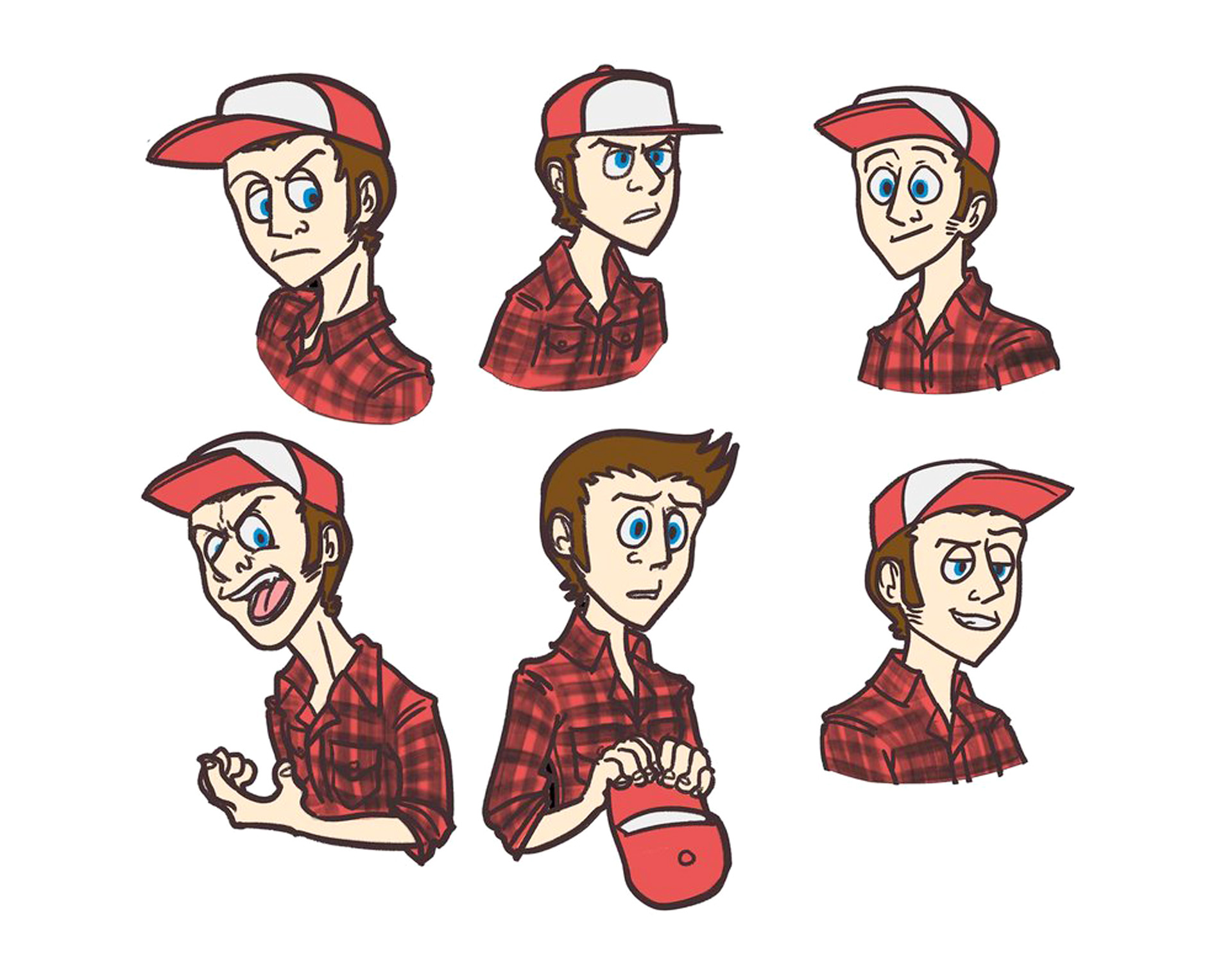 Six versions of a hunter character making different expressions while wearing a red plaid shirt and trucker hat