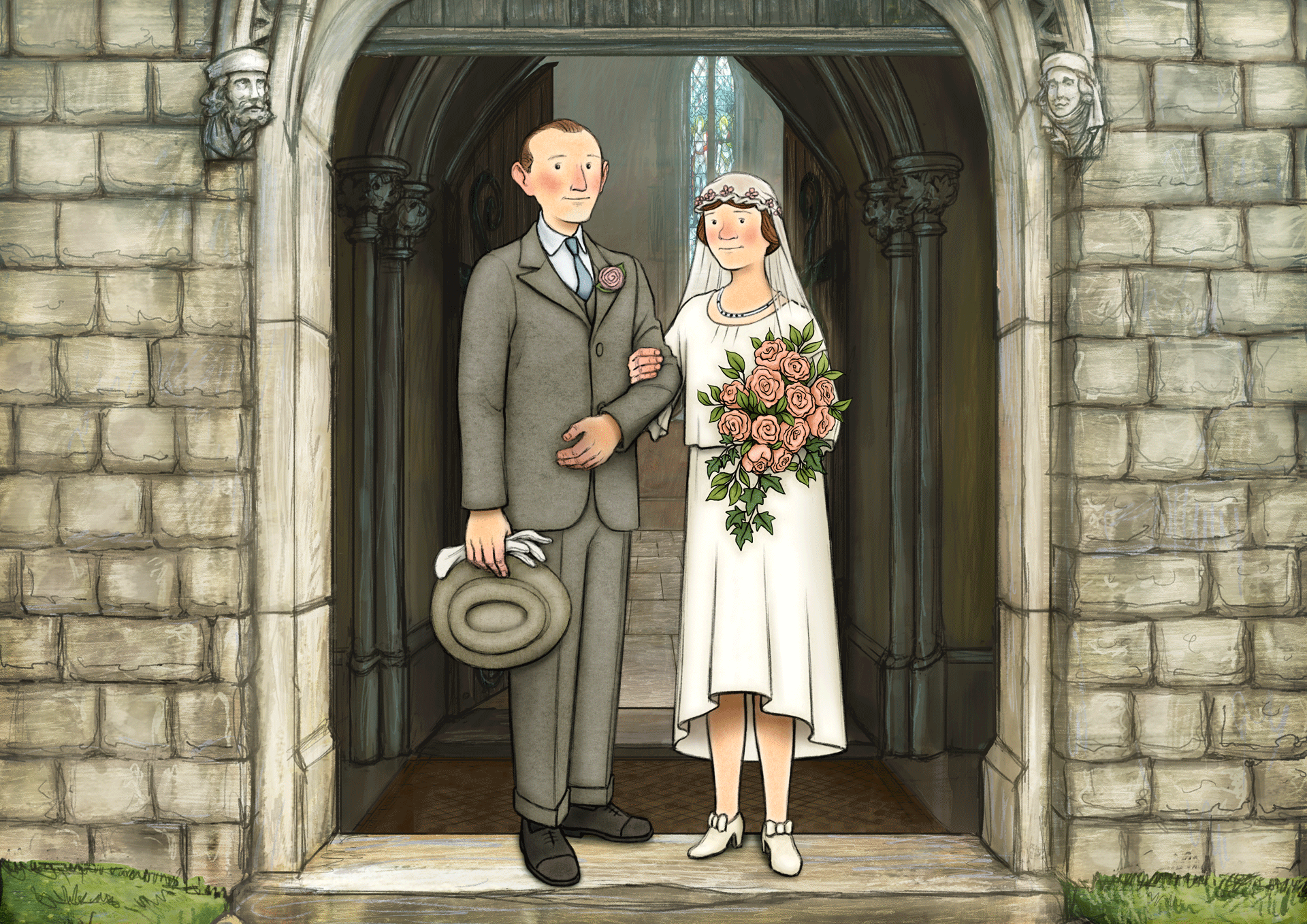 Scene from animation with Ethel and Ernest standing outside of church wearing suit and wedding dress
