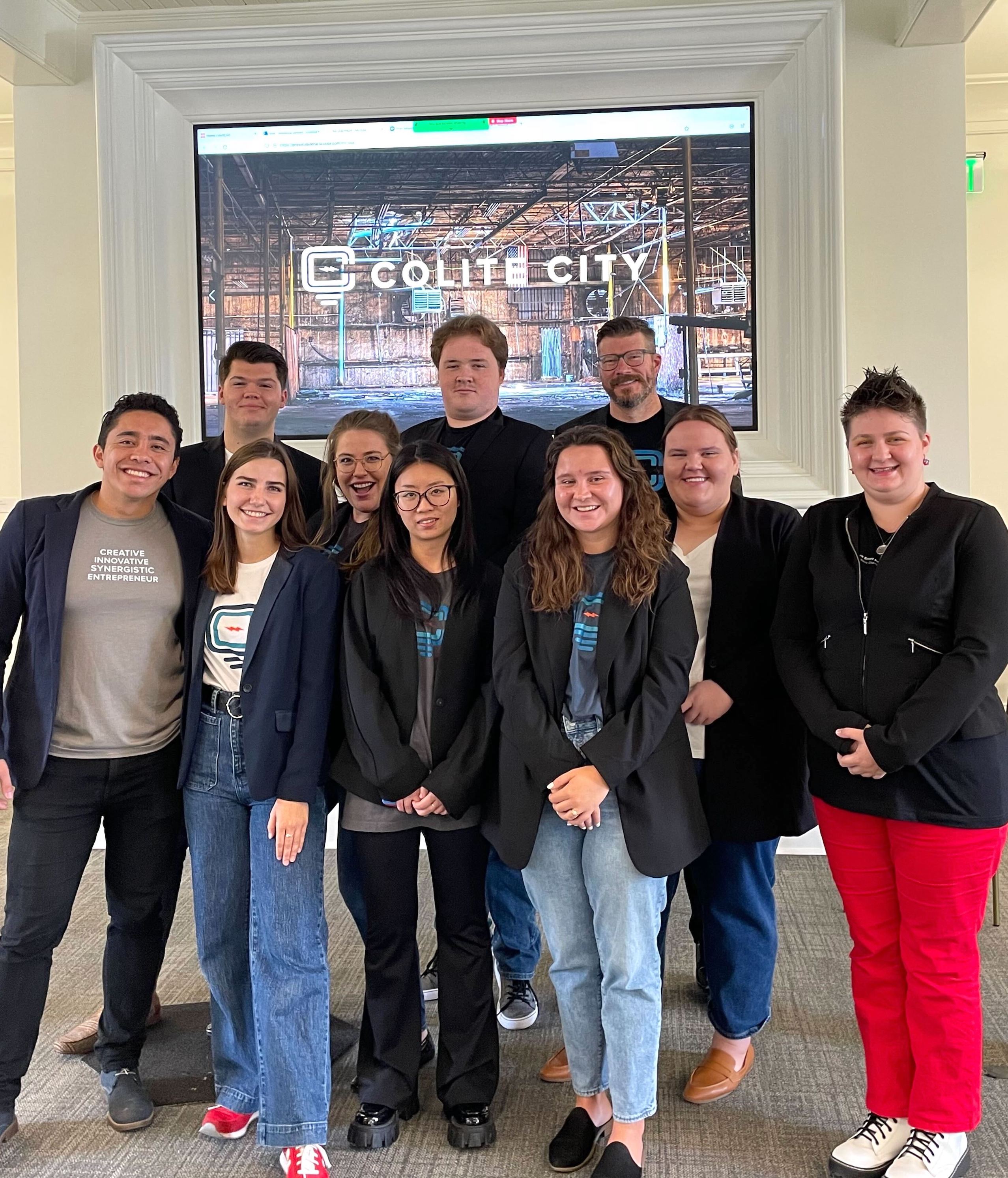 Front row (l-r): Sebastian Campos, Madeline Jensen, Savannah Kruzner, Zheng He, Kate Dutilly, Jackie Boling, Savannah Tuten. Back row (l-r): Hazen Soucy, Edward Harrison, Prof. Ryan Madson.