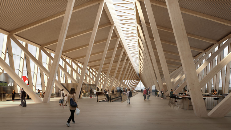 Main arrivals and departures hall, Zurich Airport. Rendering image courtesy BIG.