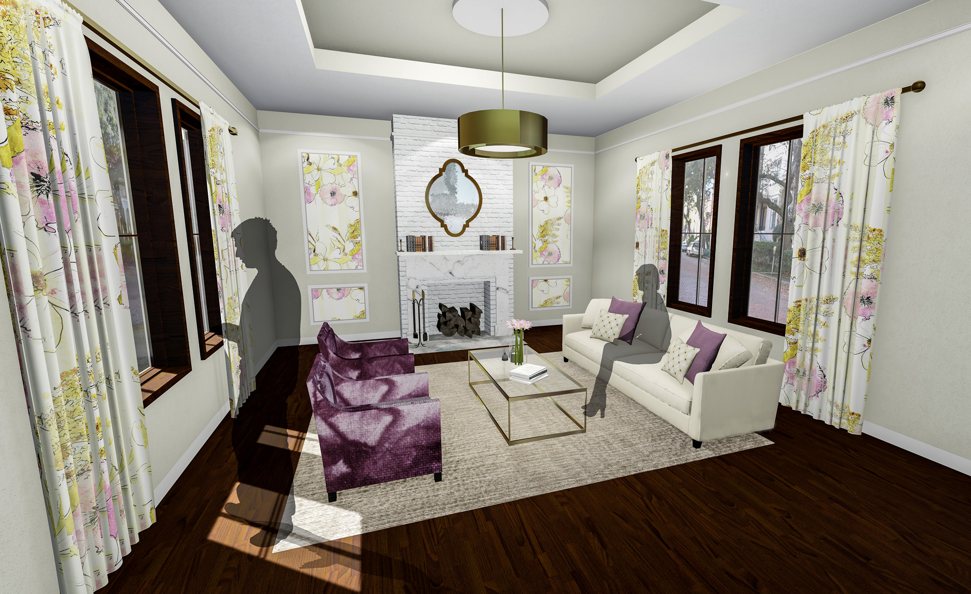 Rendering of room concept with floral curtains, purple chairs, and white couch
