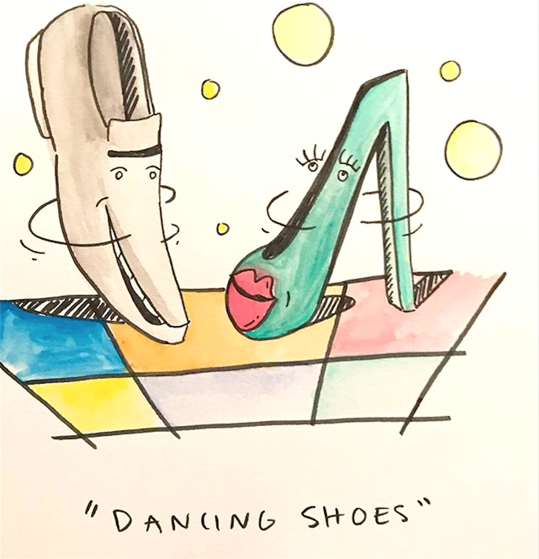 Illustration of two shoes dancing on a disco floor 
