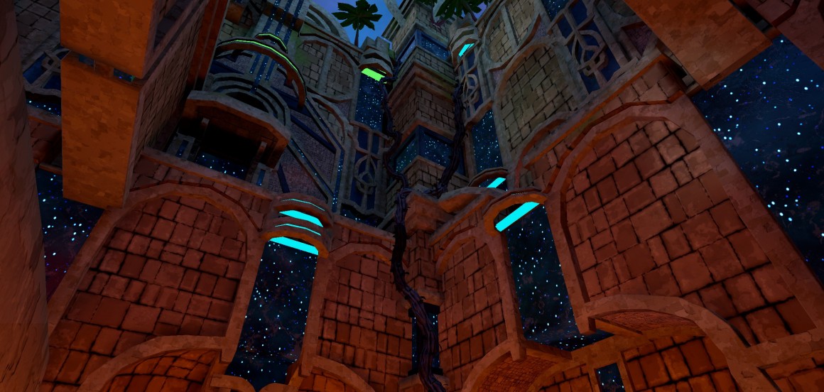 Scene from the virtual reality adventure Centauri inside a four-walled structure