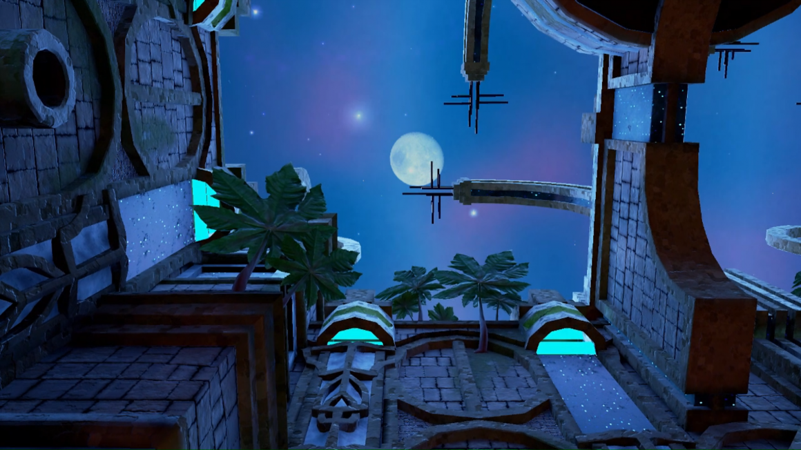 Scene from the virtual reality adventure Centauri inside four-walled structure and moon overhead