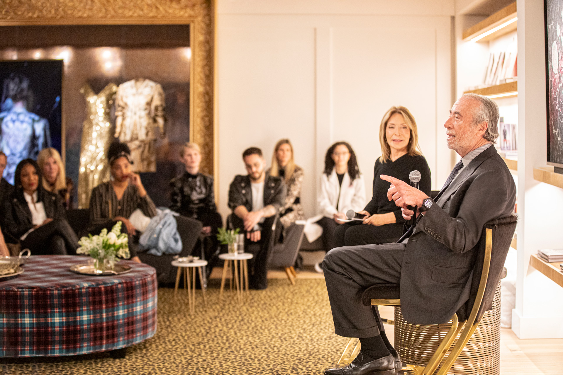 Domenico De Sole and SCAD President and Founder Paula Wallace talk to students