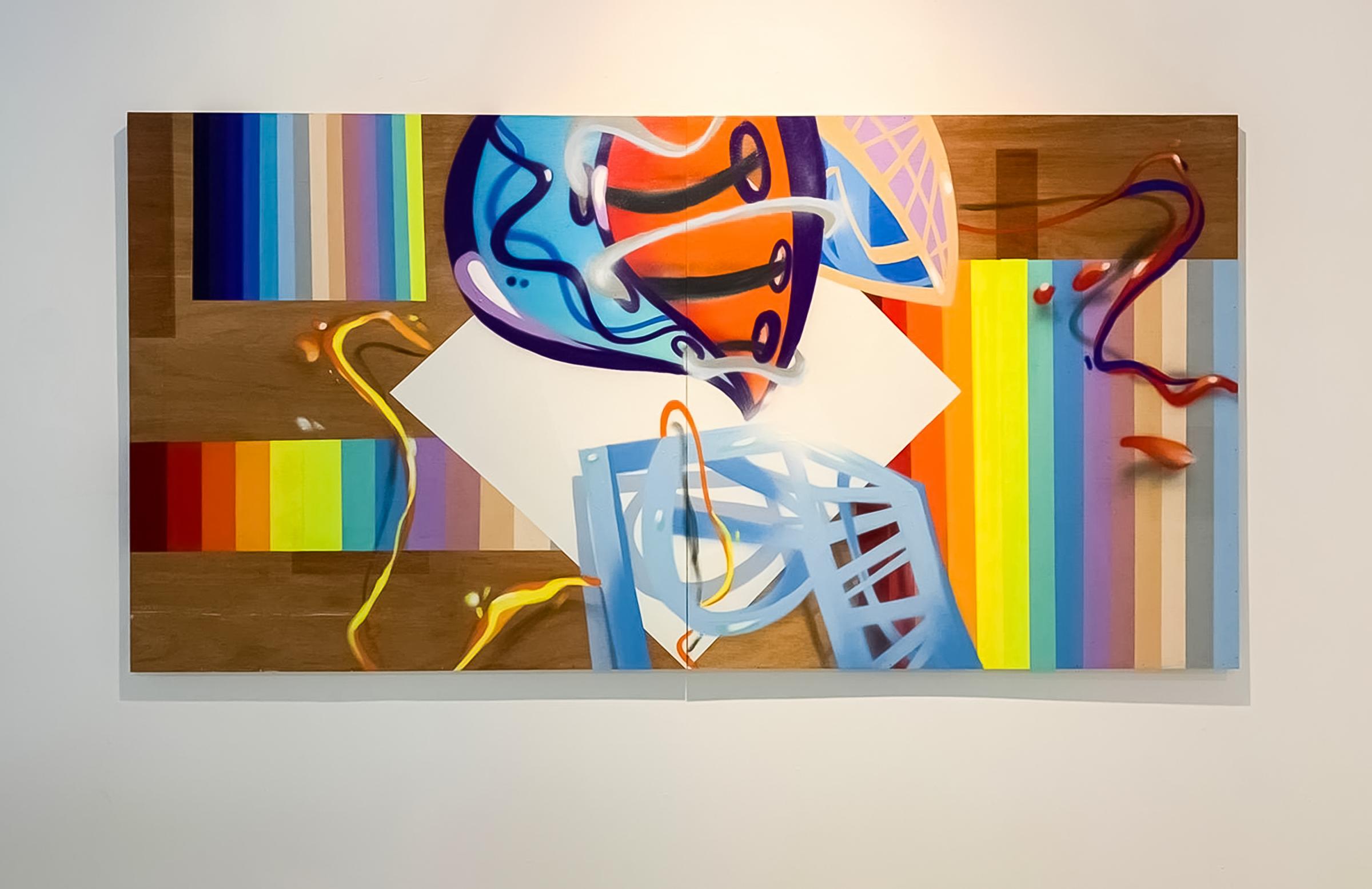 Diego Cardenas (lé dieguê), “Composición a Malevich,” oil on canvas, spray paint, latex, and varnish on wood, 48”96”, 2020.