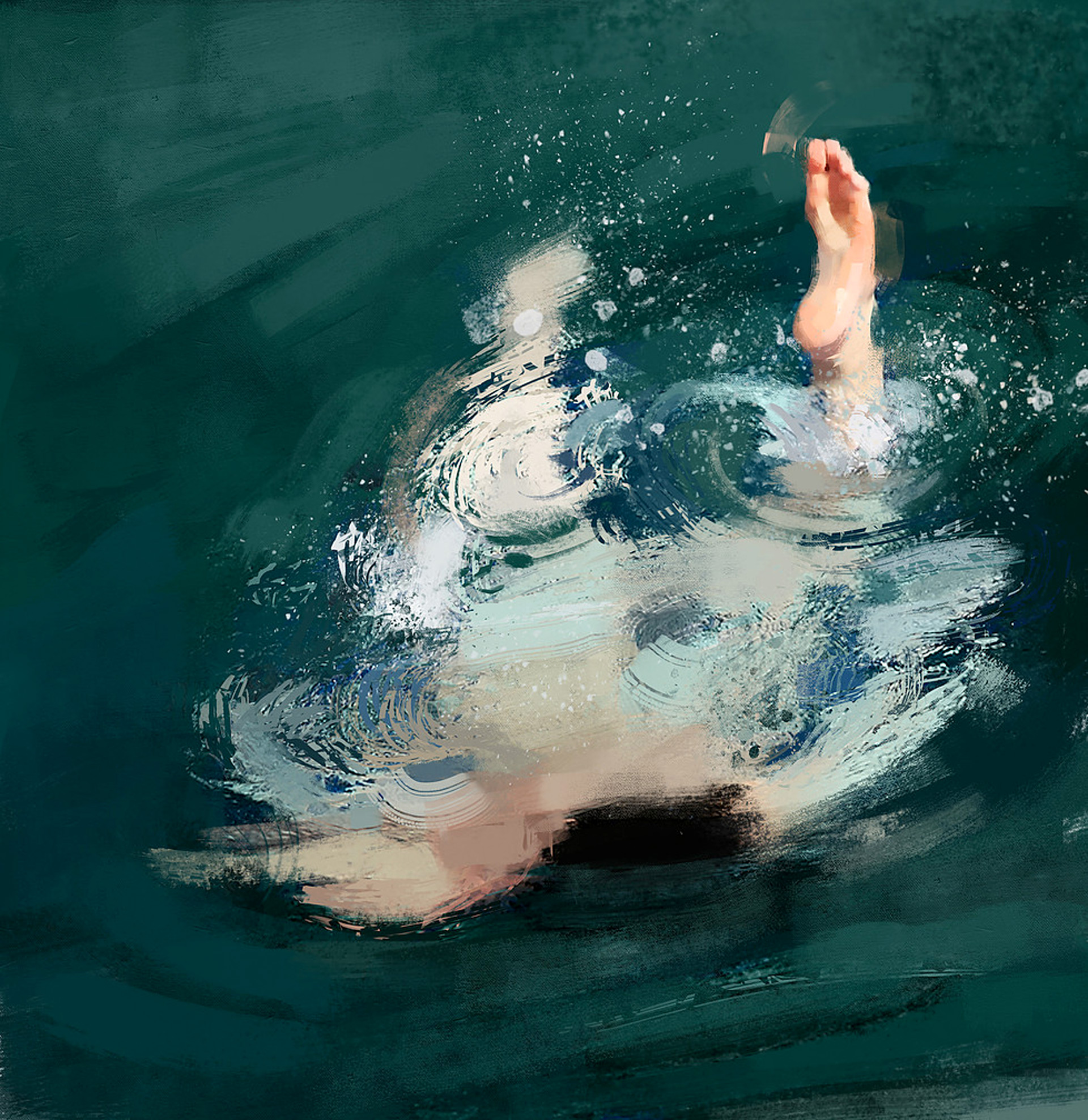 Painting of swimmer nearly submerged in blue water 
