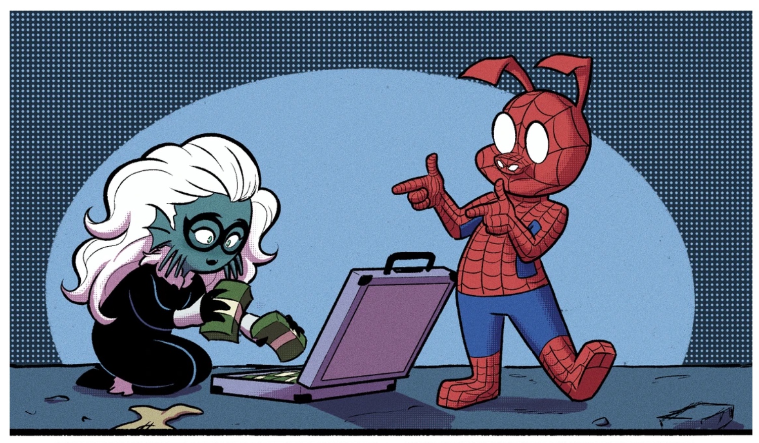 Panel from "Spider-Ham: Great Power, No Responsibility" (Marvel/Scholastic, 2021) by Steve Foxe (author) and Shadia Amin (artist).