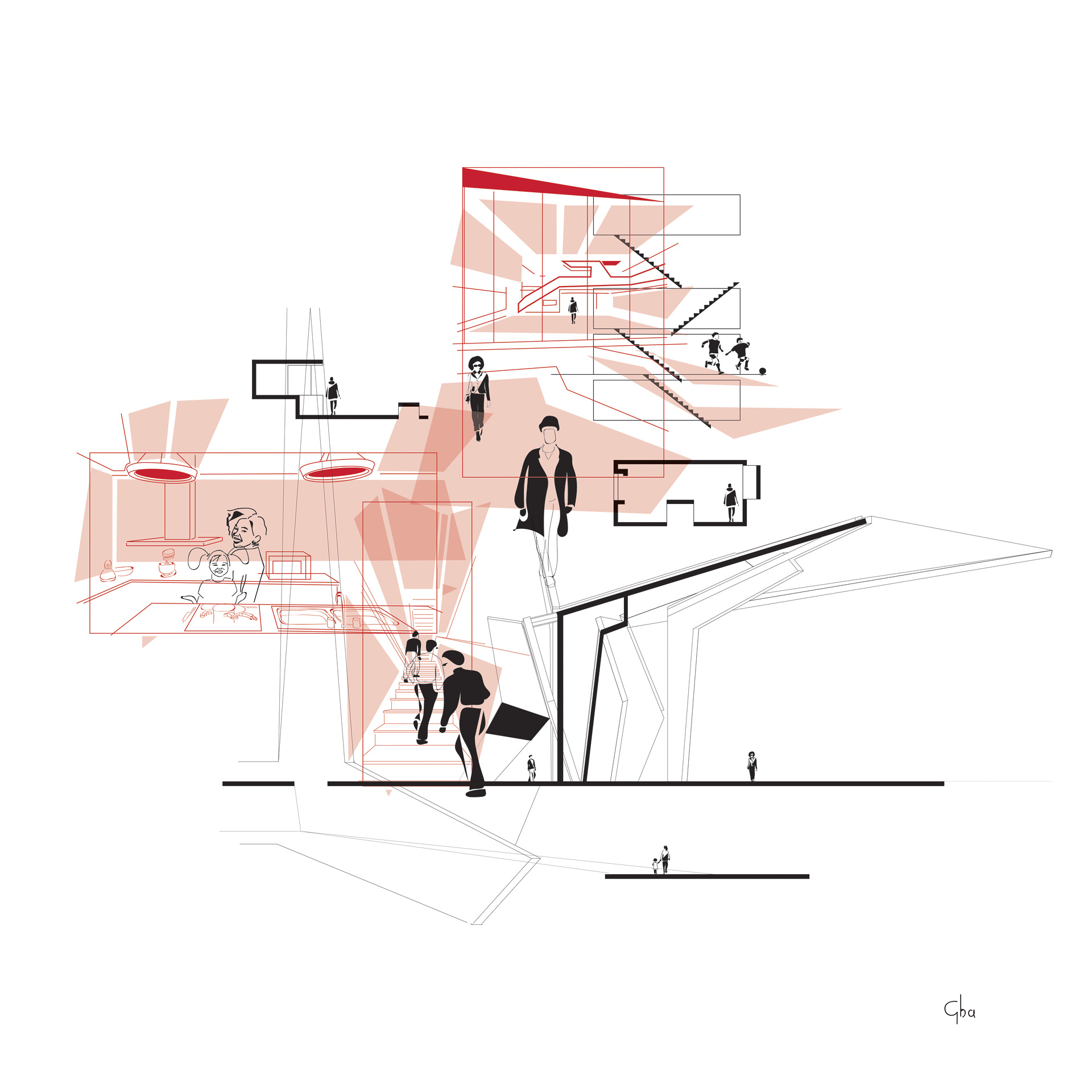 Digital illustration showing several floors of a building and populated by different people