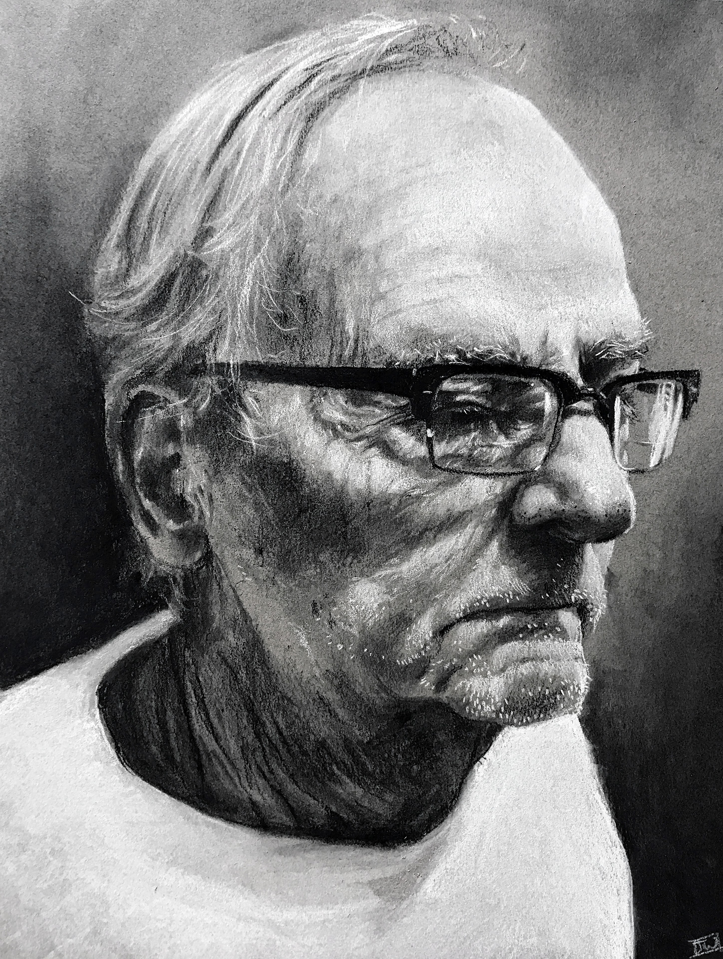 Black and white drawing of an older man in white shirt and glasses