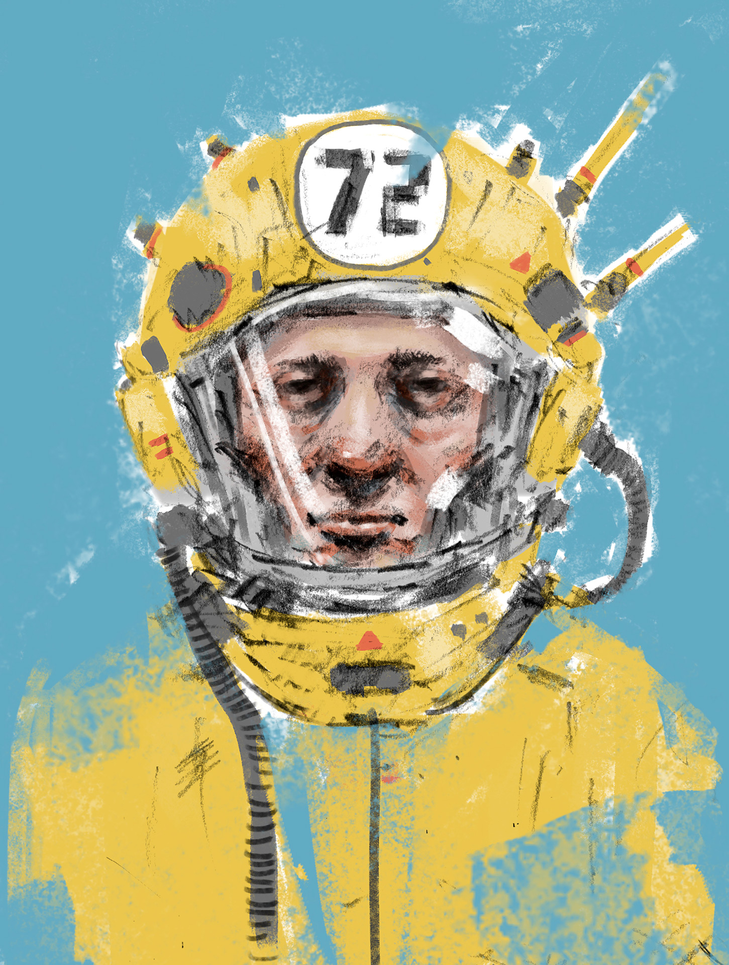 Illustration of man in yellow suit and helmet with number 72 on the forehead