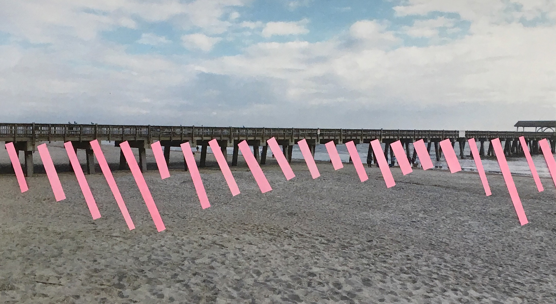 Preliminary concept for beach installation showing red stripes from a pier to the beach