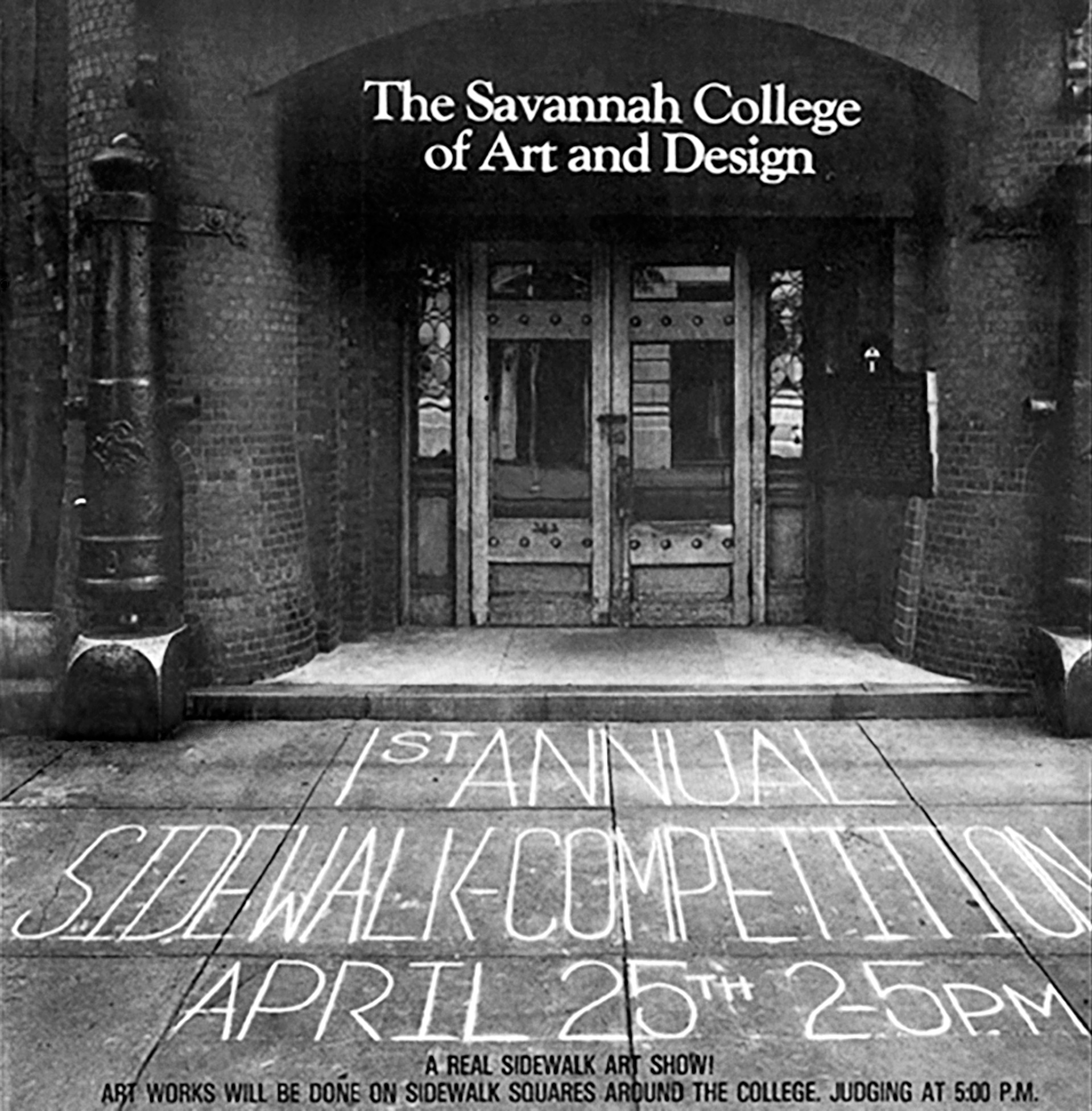 Black and white image of the first sidewalk chalk competition in front of school building