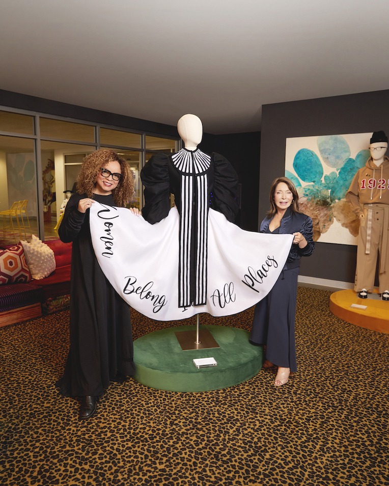 Ruth E. Carter and President Paula Wallace with Viviane Carvalho's winning garment.