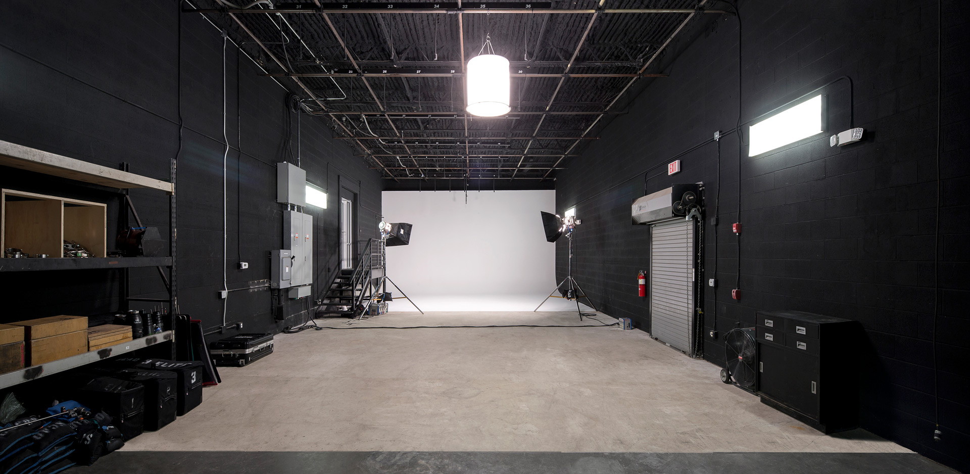 Empty studio with lights and cameras