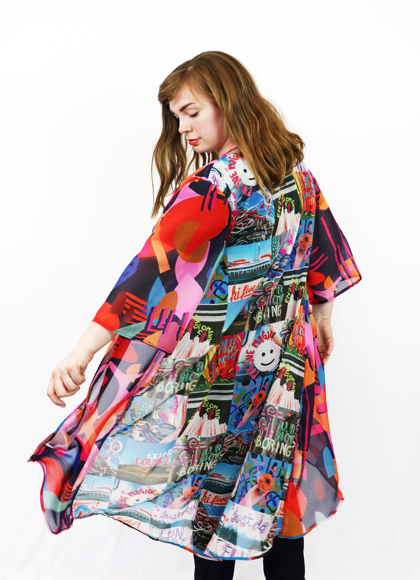 Ann Brettschneider models the back of the kimono made with her colorful abstract print