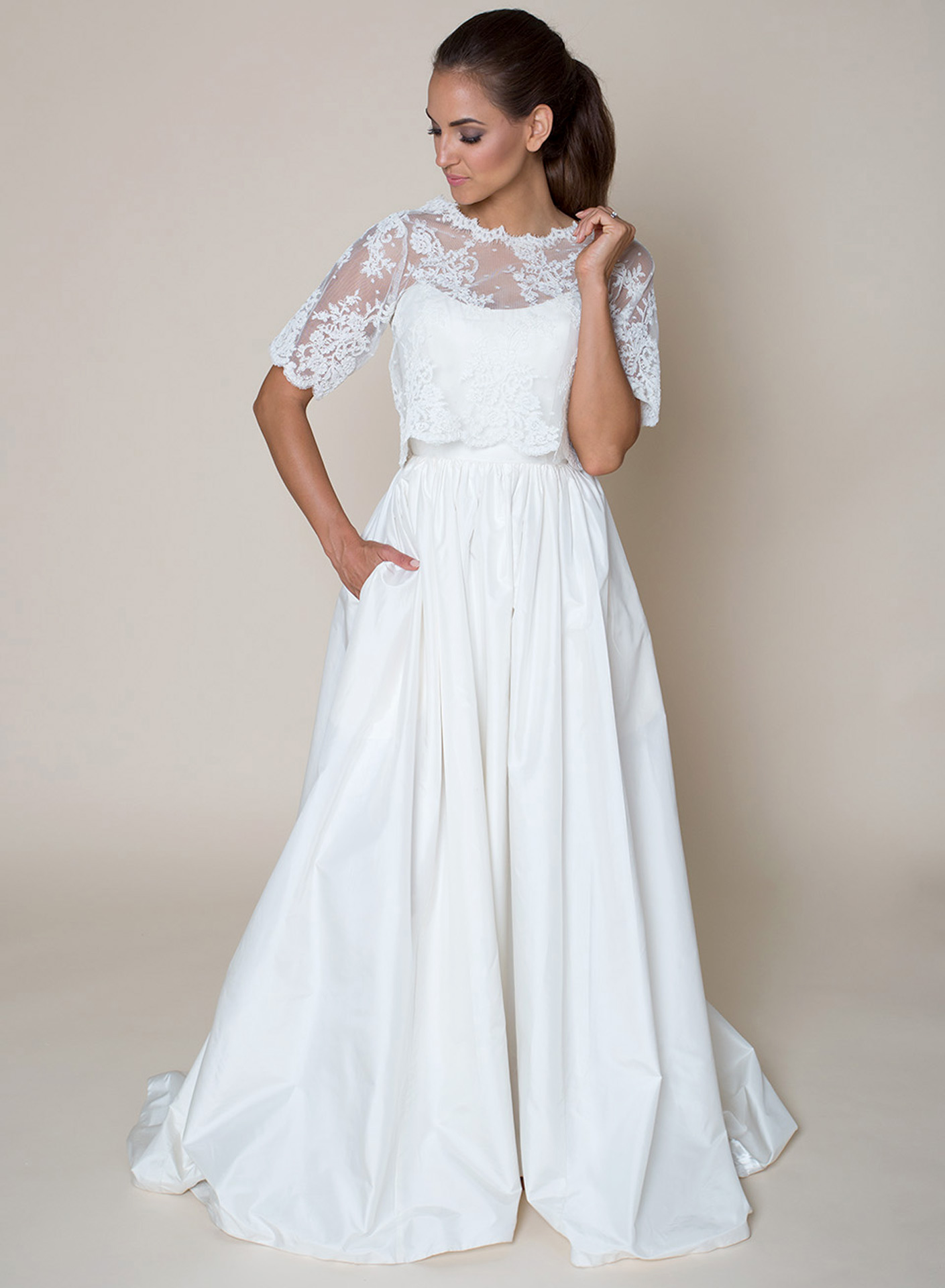 Model wearing wedding dress