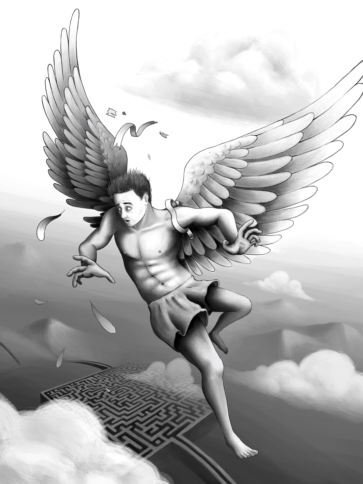Man with wings attached to back flies above a maze