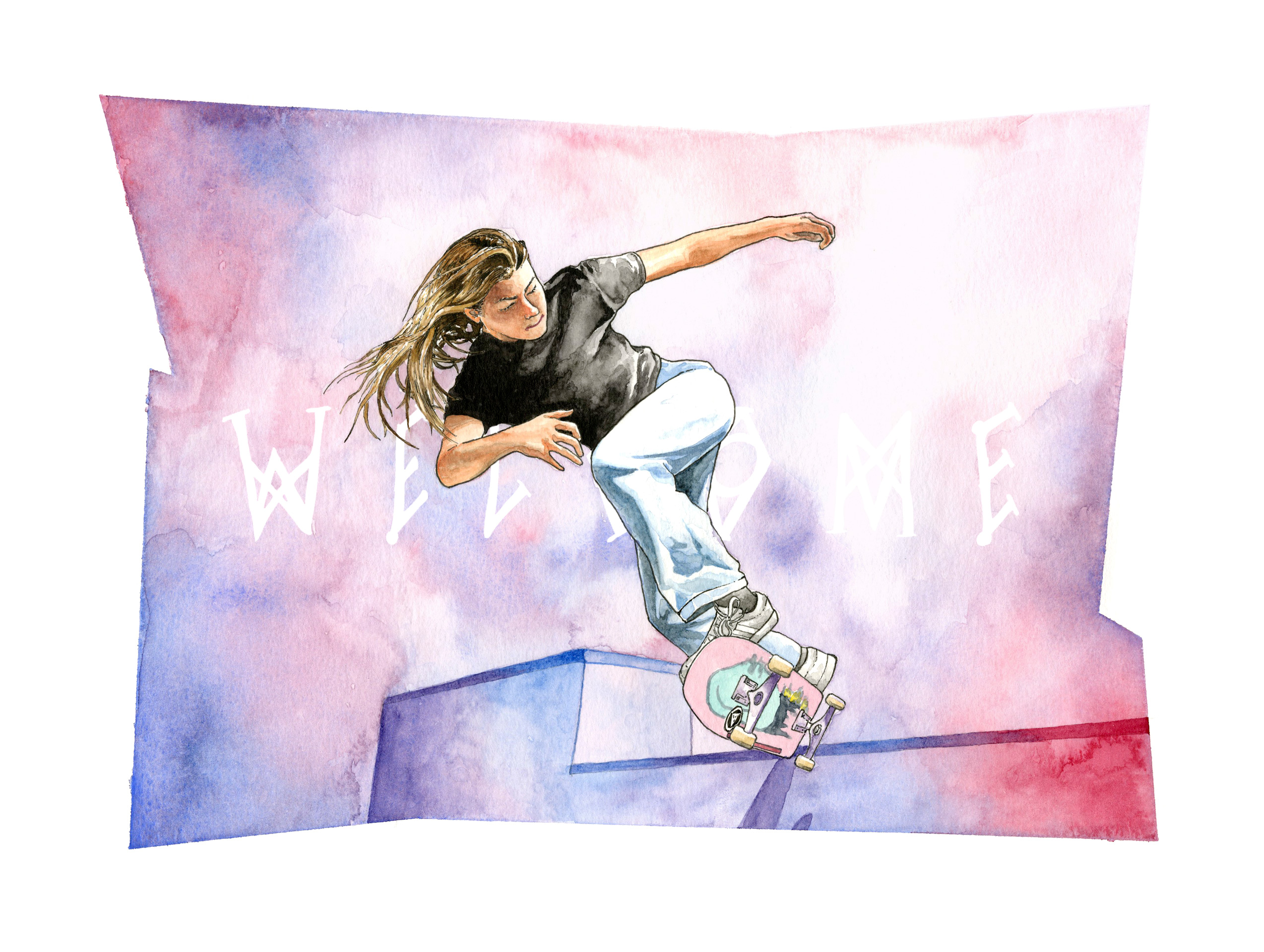 Watercolor style illustration of female skateboarder 