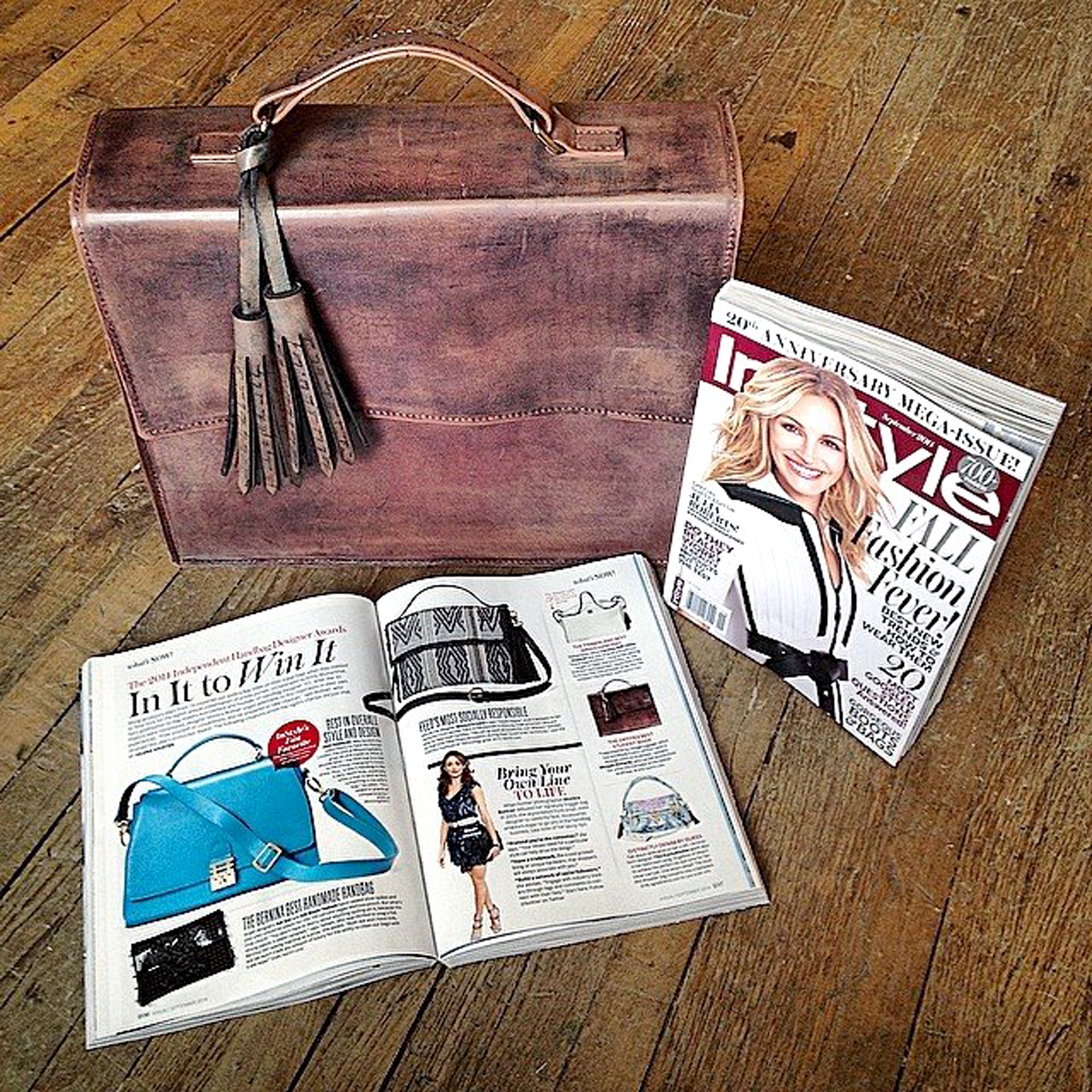 Leather briefcase and InStyle magazine