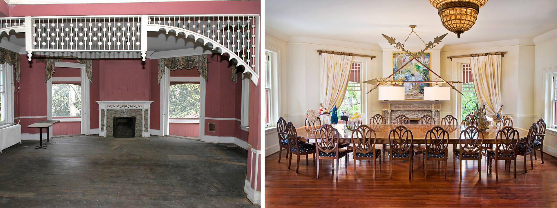 Large interior room of Ivy Hall before and after restoration