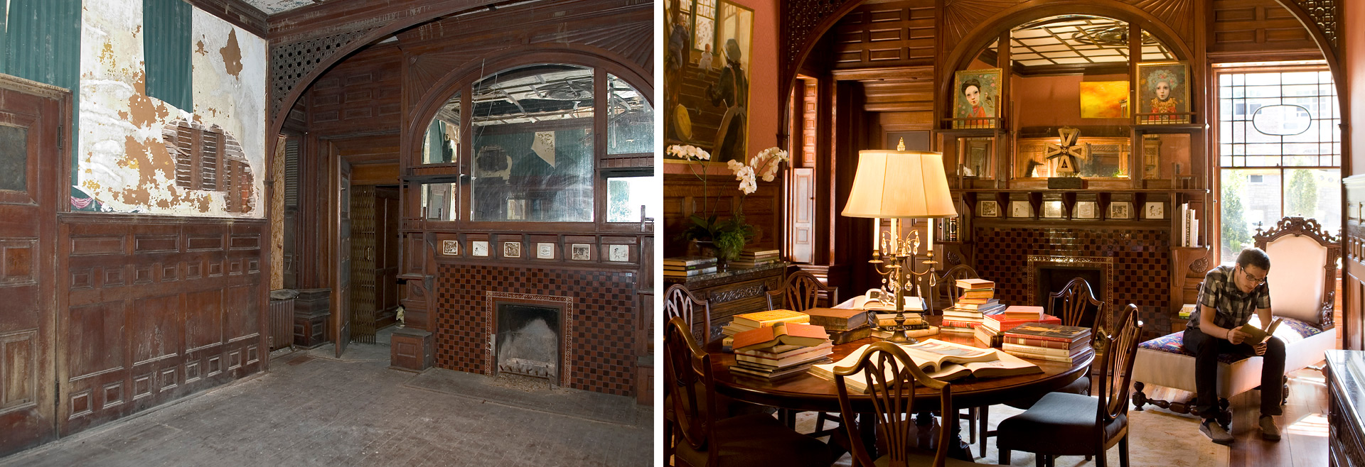 interior of Ivy Hall with fireplace before and after restoration