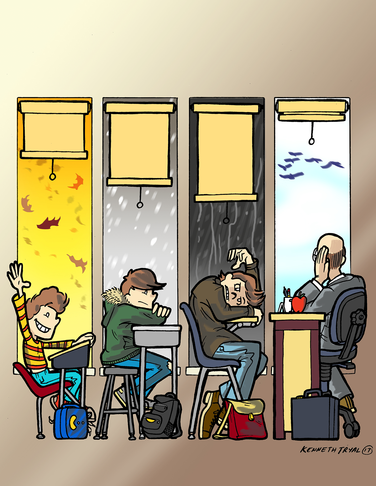 Illustration of students lined up at desks with four windows behind them showing different scenes reflective of each characters' mood