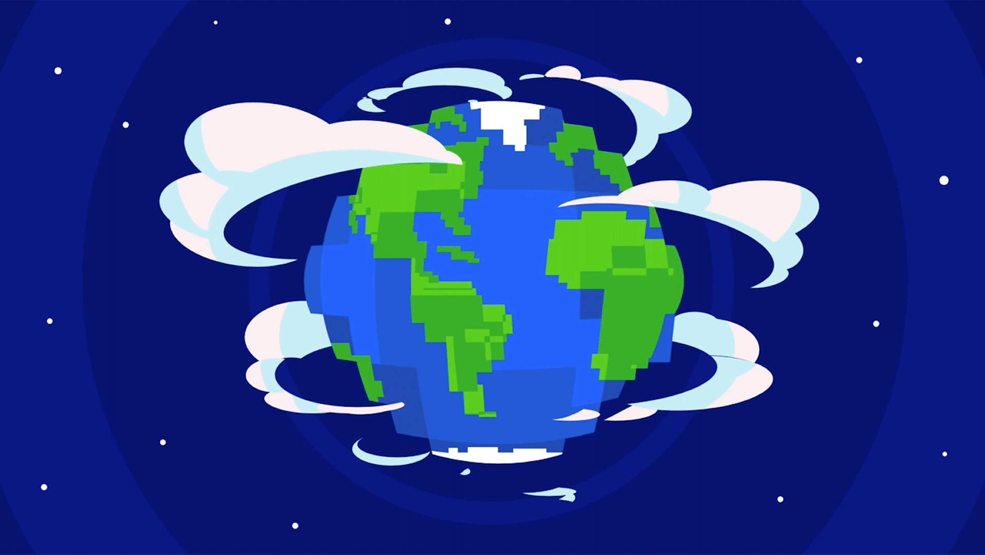 Illustration of a pixelated earth surrounded by clouds