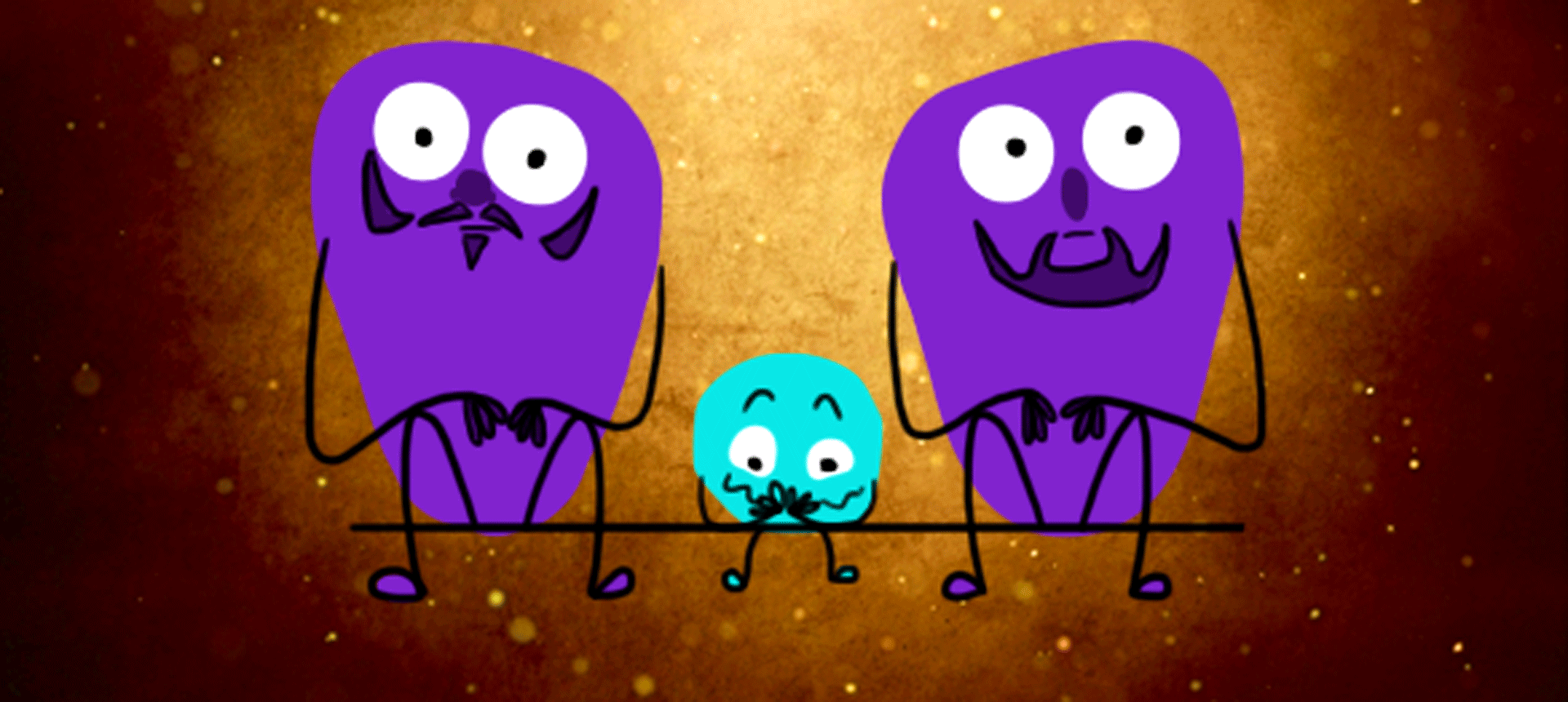 Small blue circular character sits between two larger purple creatures