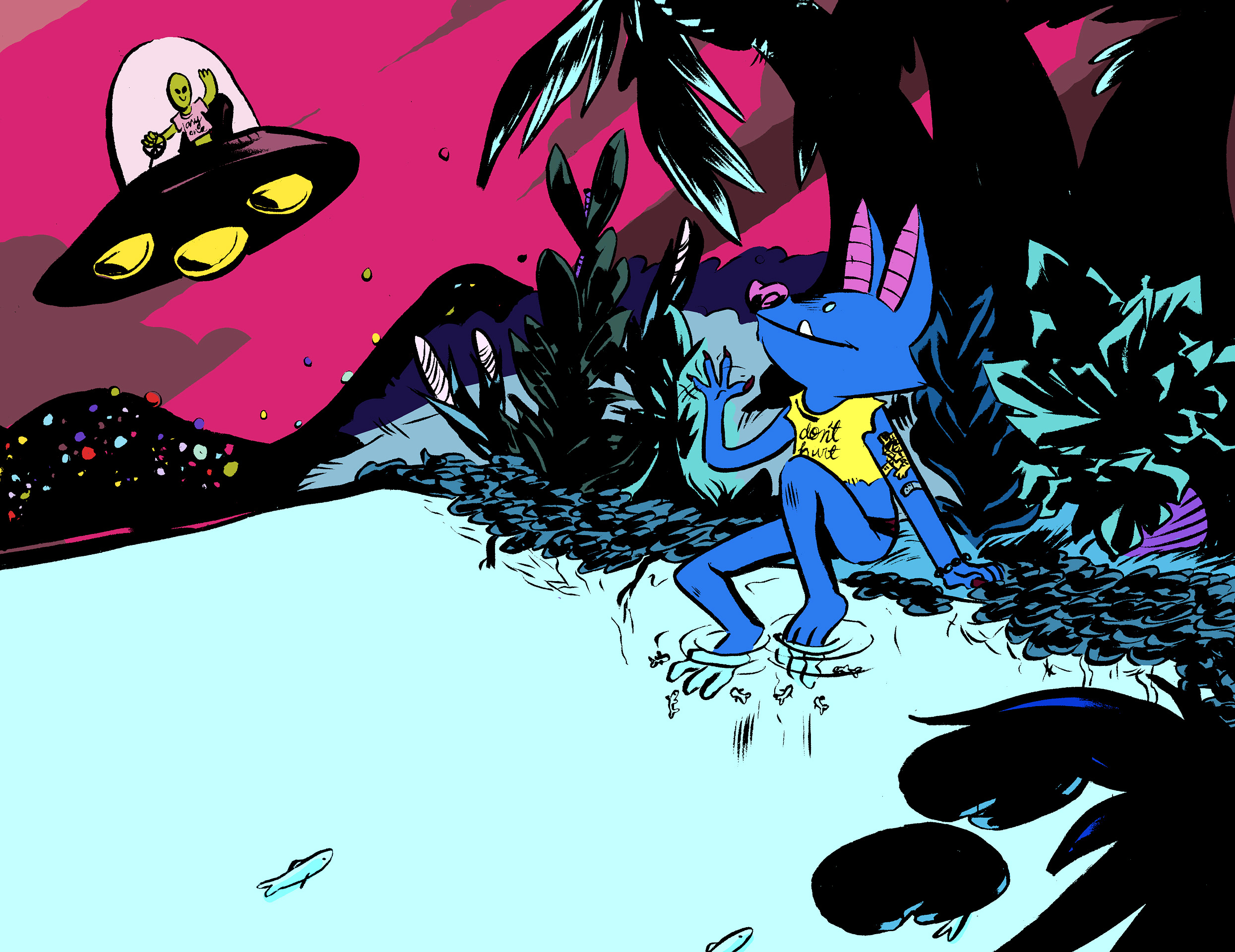 Illustration of blue creature dipping toes in body of water and waving to alien in a spaceship