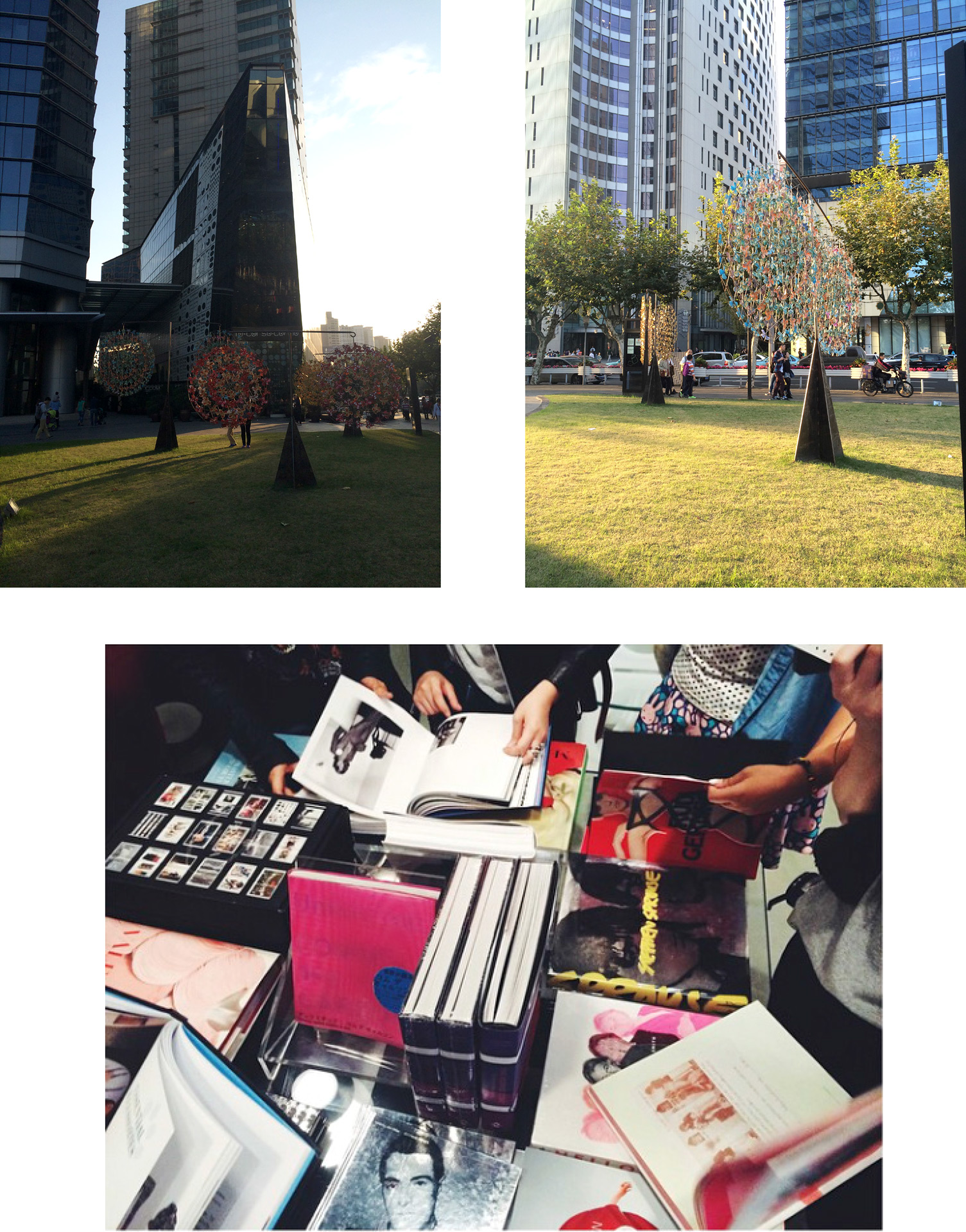 View from outside Shanghai Fashion Week and visitors browsing fashion books