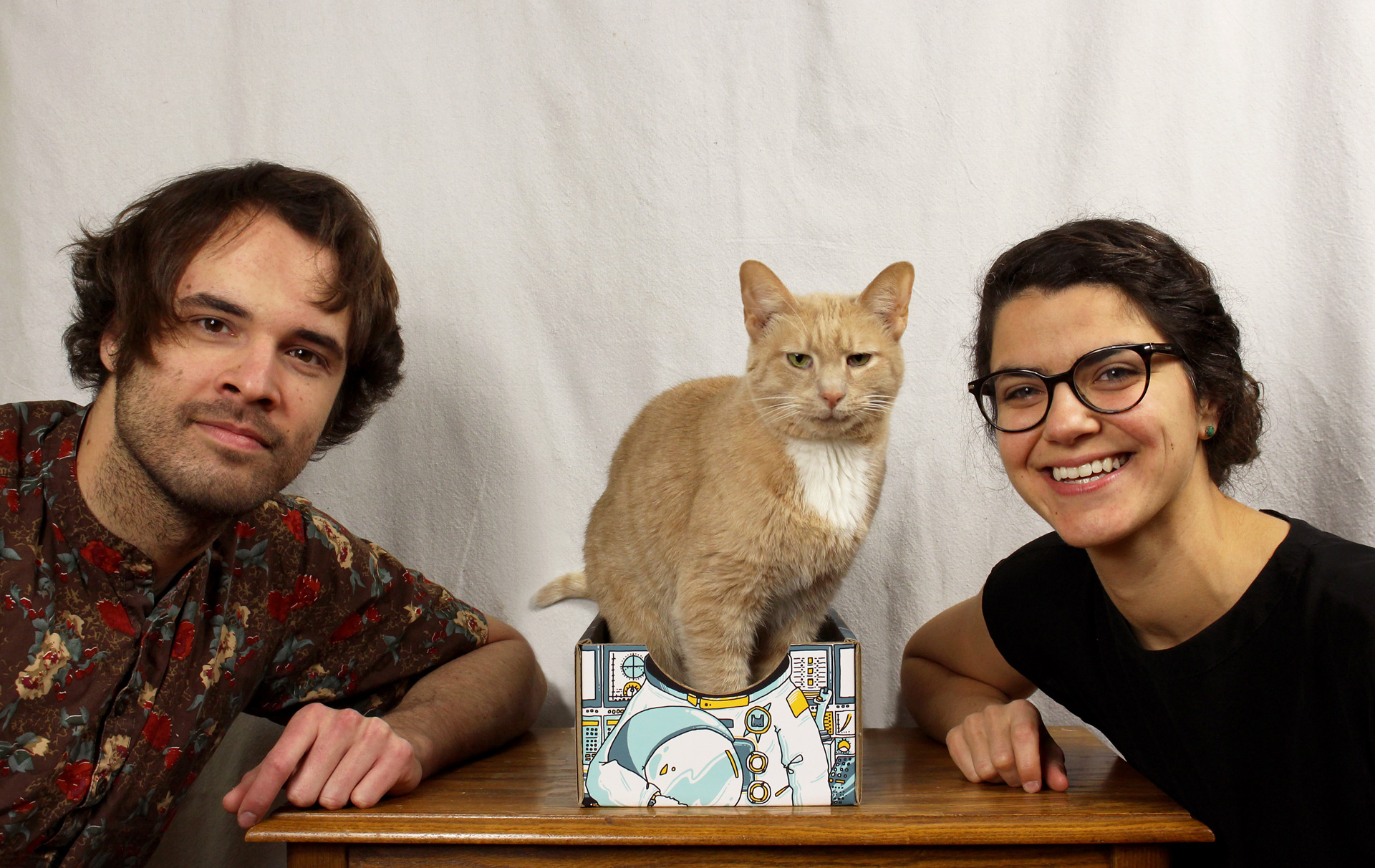 Catbox designers Magnus Nelson and Jamie Bourgeois with cat in box