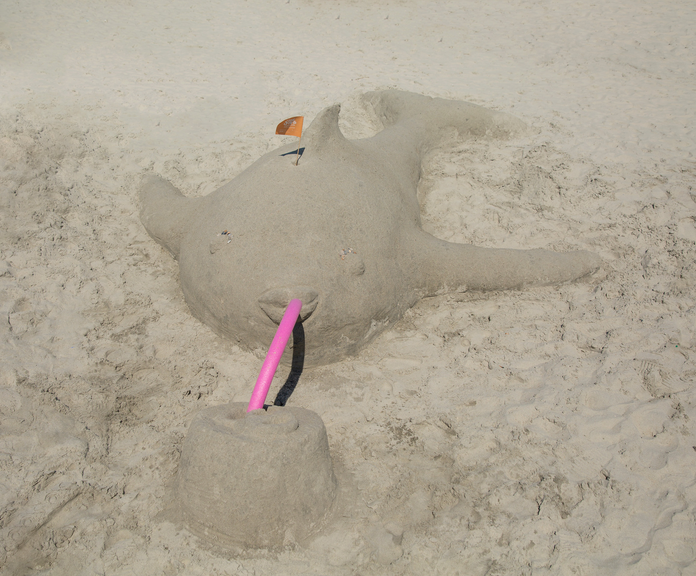 Sand sculpture of fish drinking from a straw