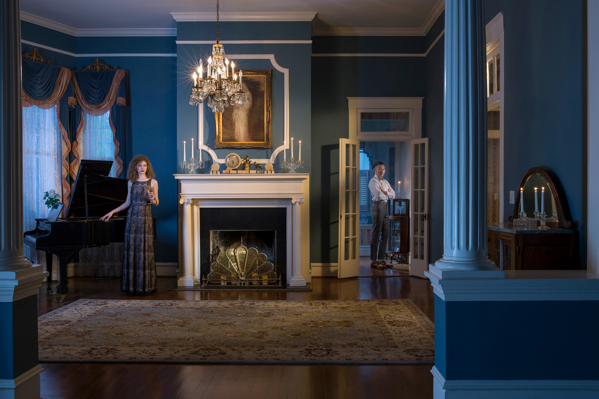 Site specific installation in dark blue room