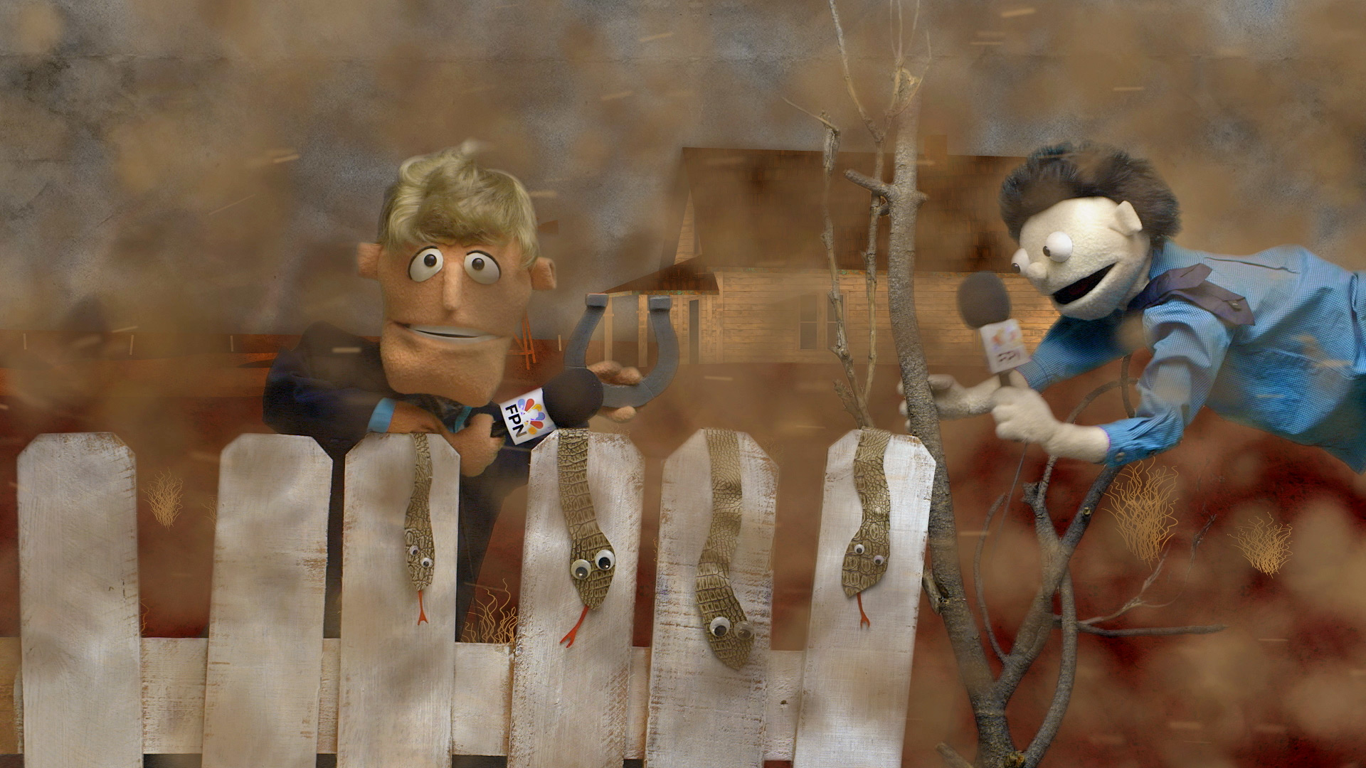 Two puppets covering a storm, snakes appear on a fence in the foreground