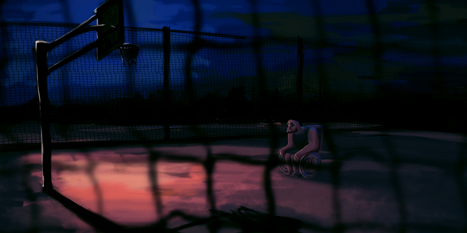 Digital painting by Prasad Narse of man sitting on basketball court