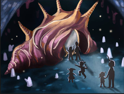 Rendering of Neverland experience where visitors look into a large shell