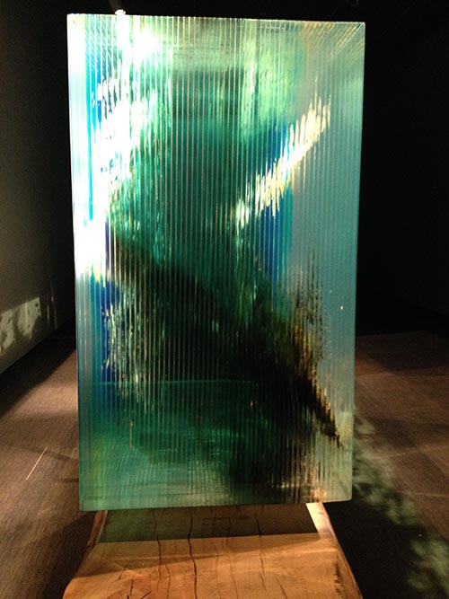 Detail of the side of Dustin Yellin's "The Triptych"