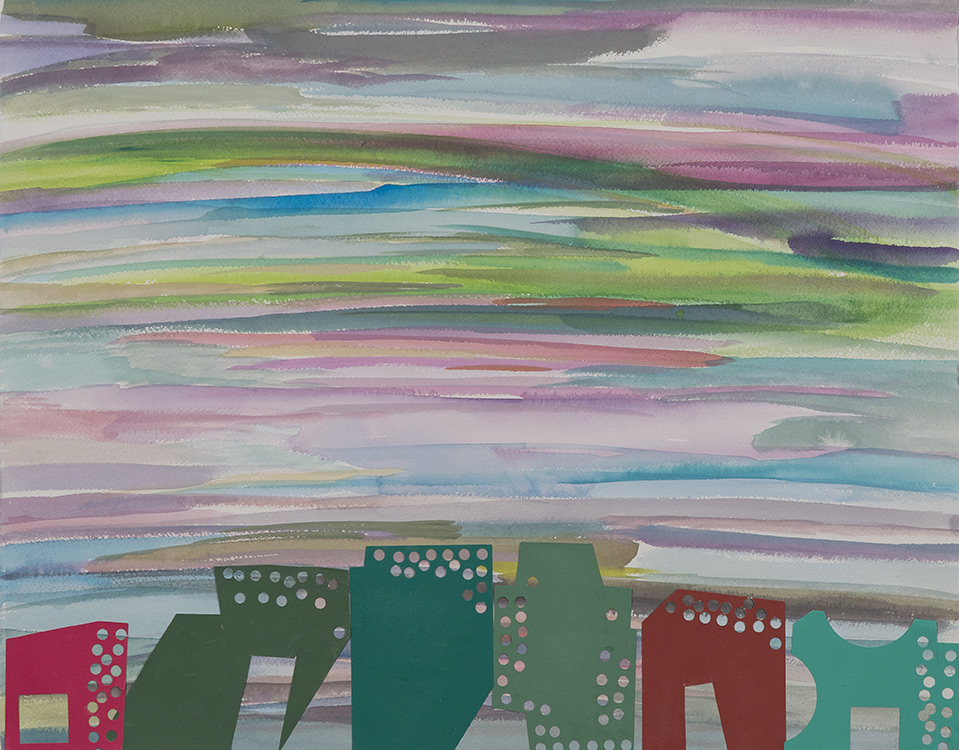 Reykjavik Twilight by Marcia Cohen, watercolor and collage