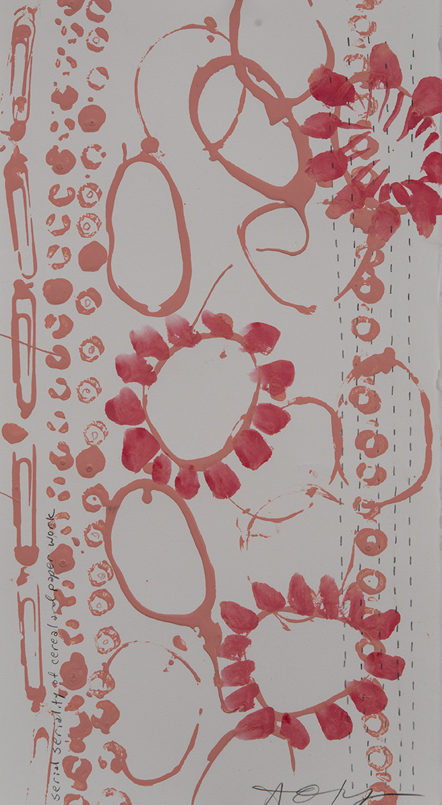 Serial Seriality of Cereal and Paperwork by Amanda Dumas-Hernandez, works on paper, pencil, enamel, acrylic, painting