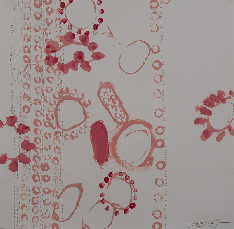Serial Seriality: nuts, cereal, and resilience by Amanda Dumas-Hernandez, works on paper, pencil, enamel, acrylic paint, painting