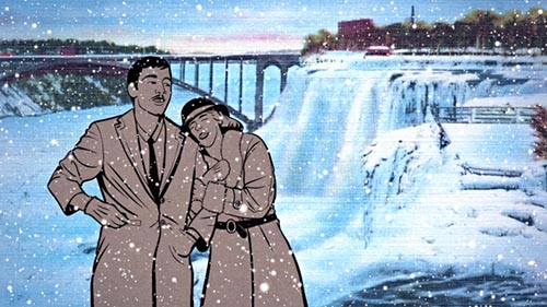 Animation of couple in front of Niagara Falls