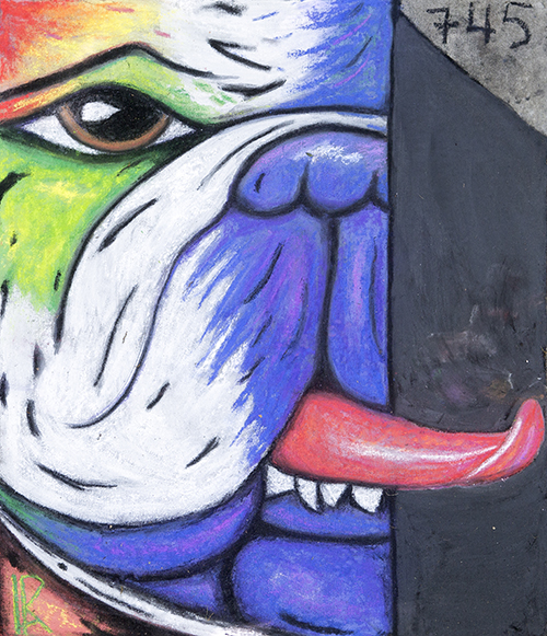Sidewalk art of a neon bulldog