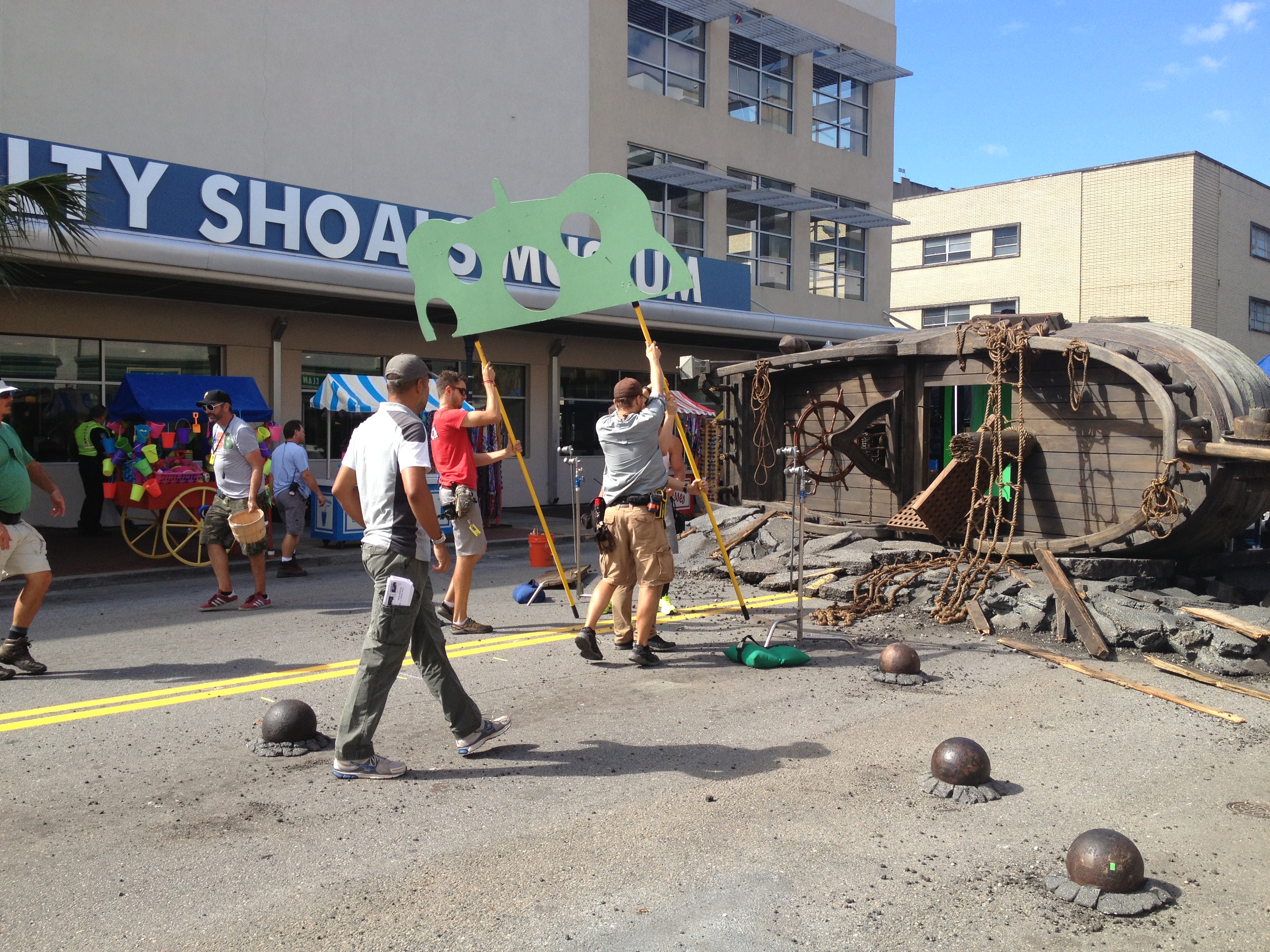 A pirate's ship staged in front of Jen Library for a scene with Antonio Banderas