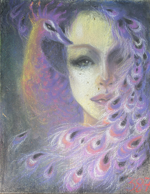 Sidewalk art of a woman with a peacock