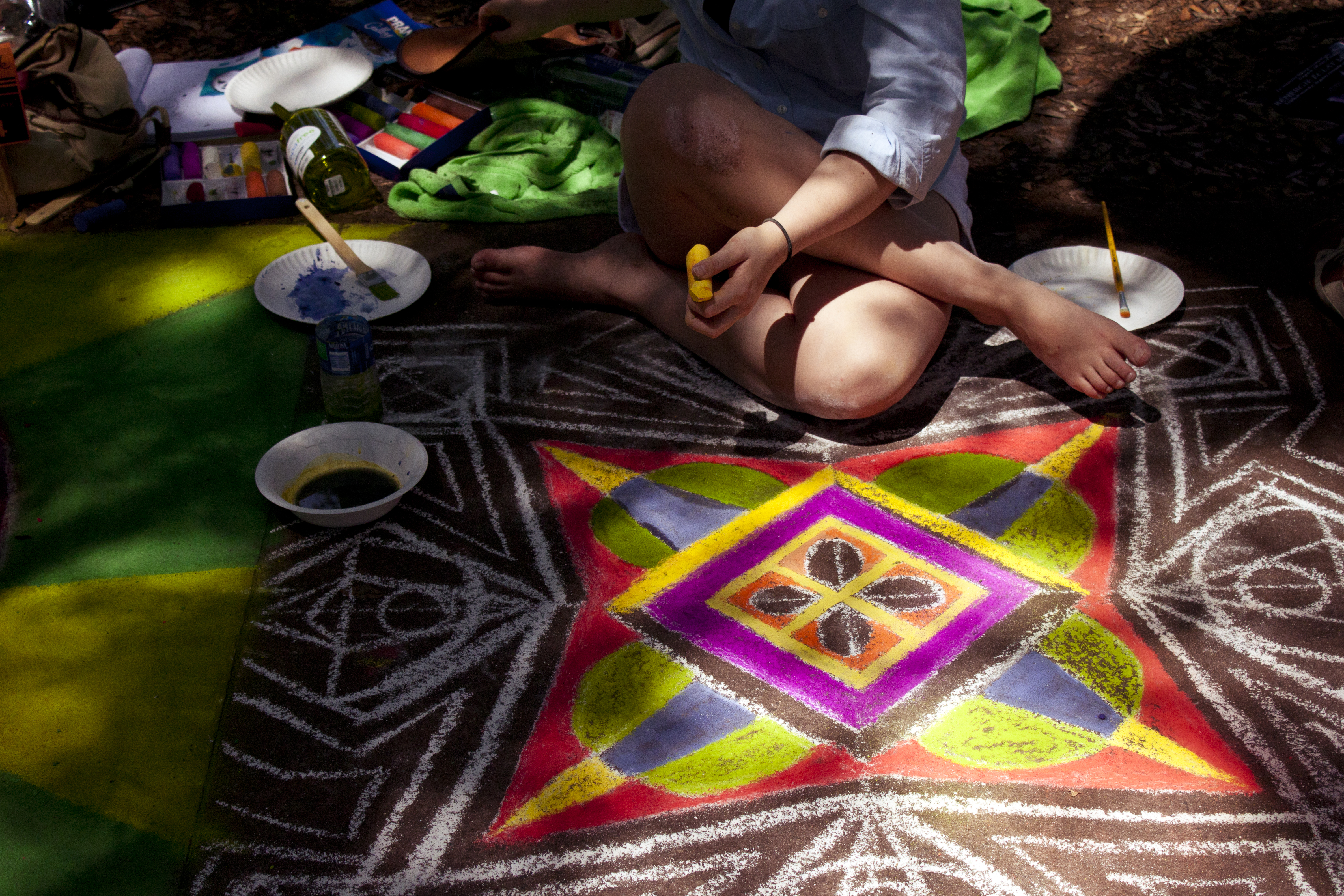 Sidewalk chalk art in progress